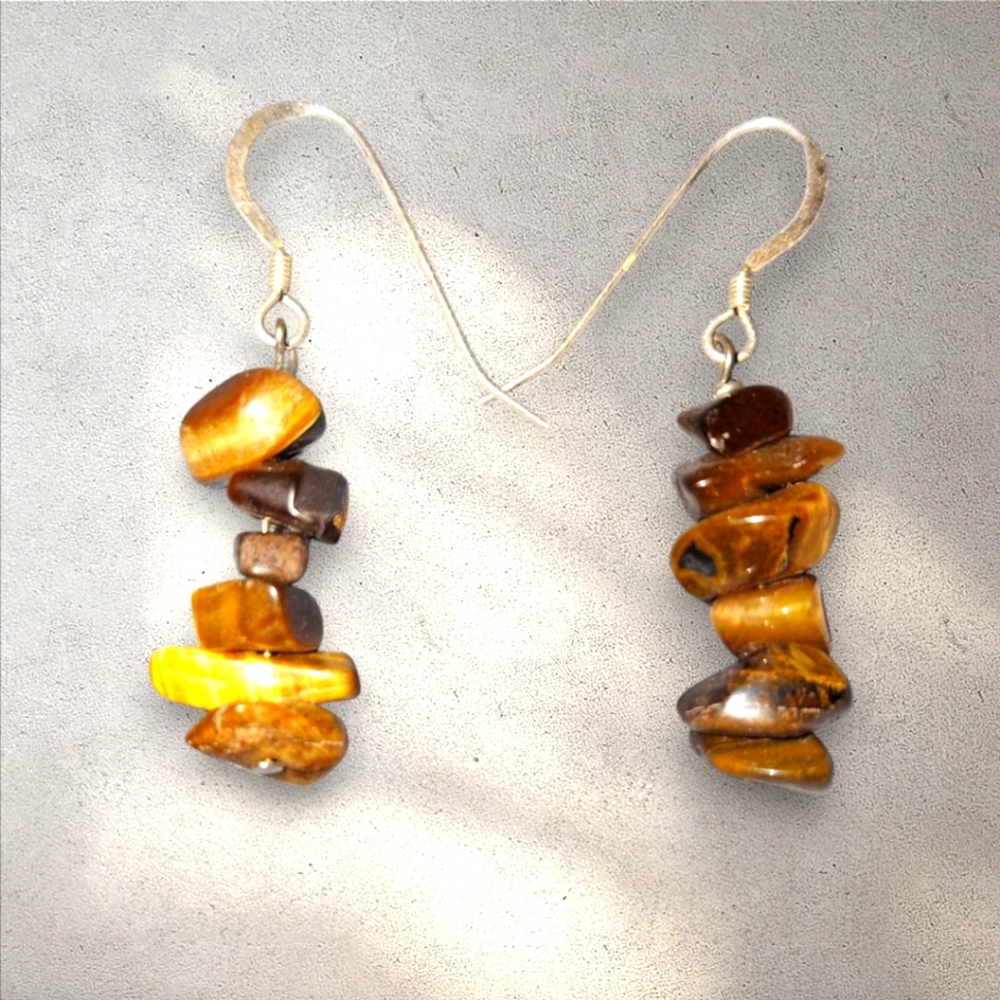925 Tigers Eye Sterling Silver Gemstone 925 Fas Signed Drop Earrings